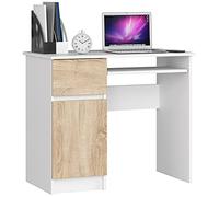 AKORD | Escritorio con Estante para Teclado, Cajón y Contenedor en el Lado Izquierdo | Escritorio de Oficina | Escritorio para Computadora PC Portátil | 90x77x50 cm | 30 kg Blanco & Roble Sonoma