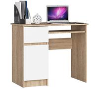 AKORD | Escritorio con Estante para Teclado, Cajón y Contenedor en el Lado Izquierdo | Escritorio de Oficina | Escritorio para Computadora PC Portátil | 90x77x50 cm | 30 kg Roble Sonoma | Blanco
