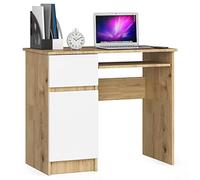 AKORD | Escritorio con Estante para Teclado, Cajón y Contenedor en el Lado Izquierdo | Escritorio de Oficina | Escritorio para Computadora PC Portátil | 90x77x50 cm | 30 kg Roble Artisan | Blanco