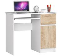 AKORD | Escritorio con Estante para Teclado | Escritorio de Oficina | Cajón y Contenedor en el Lado Derecho | para Computadora PC Portátil | 90x77x50 cm | 30 kg Blanco & Roble Sonoma