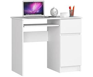 AKORD | Escritorio con Estante para Teclado | Escritorio de Oficina | Cajón y Contenedor en el Lado Derecho | para Computadora PC Portátil | 90x77x50 cm | 30 kg Blanco