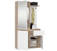 AKORD Mueble Recibidor con Espejo - 95 cm 3 Puertas, 1 Cajón, 7 Estantes para Zapatos y Bolsos - Entraditas Recibidores Modernas y Estilo Industrial - Roble Sonoma & Blanco