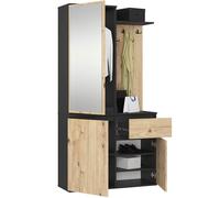 AKORD Mueble Recibidor con Espejo - 95 cm 3 Puertas, 1 Cajón, 7 Estantes para Zapatos y Bolsos - Entraditas Recibidores Modernas y Estilo Industrial - Negro & Roble Artesanal