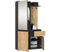 AKORD Mueble Recibidor con Espejo - 95 cm 3 Puertas, 1 Cajón, 7 Estantes para Zapatos y Bolsos - Entraditas Recibidores Modernas y Estilo Industrial - Negro & Roble Craft