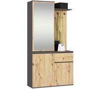 AKORD Mueble Recibidor con Espejo - 95 cm 3 Puertas, 1 Cajón, 7 Estantes para Zapatos y Bolsos - Entraditas Recibidores Modernas y Estilo Industrial - Gris Grafito & Roble Artesanal