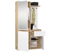AKORD Mueble Recibidor con Espejo - 95 cm 3 Puertas, 1 Cajón, 7 Estantes para Zapatos y Bolsos - Entraditas Recibidores Modernas y Estilo Industrial - Roble Artesanal & Blanco