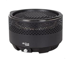 AKTIVE 63002 - Barbacoa Portátil a carbón recargable a pilas sin Humo Negra, Protección antigoteo, Medidas Ø34x22cm, Incluye bolsa de transporte, Hornea en la parte interior, parrilla