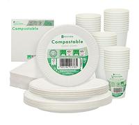 Aktive 71347 - Procos Vajilla desechable ecológica y biodegradable 100% Papel, 40 platos pequeños + 40 platos grandes + 40 vasos desechables + 60 servilletas para 40 comensales