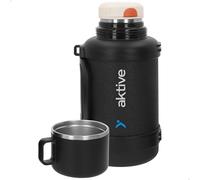 AKTIVE Botella térmica acero inoxidable, 1,6L, Negro, Mide 14x13x26 cm, Tapón hermético antifugas, Incluye taza, Asa y correa, Libre BPA, Base antideslizante, Botellas termo (63134)