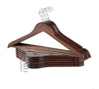 Max Home - Pack perchas de madera, alta calidad A, color marrón, ganchos giratorios 360º de acero, con muescas para vestidos, barra inferior, 44,5x23 cm, perchas para pantalones, camisas, blusas,
