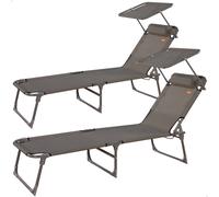 Aktive - Pack 2 tumbonas plegables con parasol, color gris, con topes antivuelco, reclinable 3 posiciones, de acero y textileno, medidas 193x53x30 cm, estructura acero, material textileno, peso máx. s