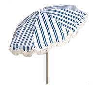 Aktive Sombrilla de playa D200 cm, a rayas con flecos, 8 varillas, UV50, mástil acero efecto madera