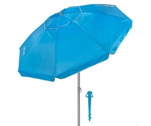 Aktive - Sombrilla de playa, color azul, protección UV50, incluye soporte, 8 varillas fibra de vidrio, ventilación superior, estructura acero plegable, tejido Oxford, revestimiento plateado, con base