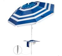 Aktive - Sombrilla de playa marinera, 210 cm, mesa central con posavasos y bolsillo, protección UV50, mástil acero inclinable y regulable en altura, tejido poliéster Oxford, 8 varillas fibra de