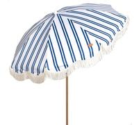 Aktive Sombrilla de playa D200 cm, a rayas con flecos, 8 varillas, UV50, mástil acero efecto madera