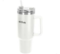 AKTIVE Vaso térmico acero inoxidable, 1,2L, Blanco, Mide 15x10x27 cm, Tapón hermético antifugas, Incorpora pajita, Asa ergonómica, Libre BPA, Base antideslizante, Botellas termo (63152)