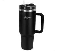 AKTIVE Vaso térmico acero inoxidable, 1,2L, Negro, Mide 15x10x27 cm, Tapón hermético antifugas, Incorpora pajita, Asa ergonómica, Libre BPA, Base antideslizante, Botellas termo (63151)
