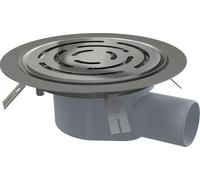 AlcaDrain, desagüe de suelo de 105x105/50 mm con salida horizontal, rejilla de acero inoxidable, brida de sellado de acero inoxidable y junta. Sellado doble. Sistema combinable de cierre hermético SMA