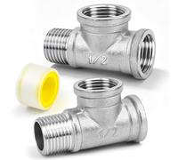 Alethron Pieza en T de 1/2 pulgadas (20 mm de diámetro), 2 unidades de acero inoxidable de 1/2 pulgadas en T, distribuidor de conexión de agua con 2 m de cinta de sellado de rosca de 3 vías en forma