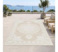 Alfombra beige crema con motivos ornamentales vintage, apta para interiores y exteriores. Tamaño: 140 cm de diámetro