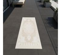 Alfombra beige crema con motivos ornamentales vintage, apta para interiores y exteriores. Tamaño: 80 x 150 cm