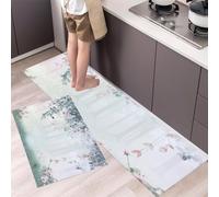 Alfombra Cocina Lavable Antideslizante Pack De 2 - Alfombrillas De Cocina Hojas Verdes Colgantes Rosas Rosadas, Flores De Acuarela De Ensueño, Lavables, Para Fregaderos, Cocina, 45x75cm+45x150cm