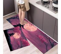 Alfombra Cocina Lavable Antideslizante Pack De 2 - Alfombrillas De Cocina Luna Llena Cerezo En Flor Samurái, Estilo Japonés Ukiyo-E, Lavables, Para Fregaderos, Cocina, Lavandería,45x75cm+45x150cm