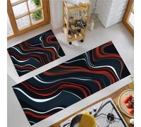 Alfombra Cocina Lavable Antideslizante Pack De 2 - Alfombrillas De Cocina Rayas Onduladas Rojas Y Azules, Fluido Abstracto Moderno, Lavables, Para Fregaderos, Cocina, Lavandería,50x80cm+50x150cm