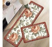 Alfombra Cocinajuego De 2 Tapetes De Cocina Impermeables, Antideslizantes Y Antifatiga, Alfombras Acolchadas Para El Suelo, Decoración Floral Vintage, Tapetes De Fácil Limpieza Para El Fregadero D