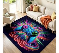 Alfombra con diseño de alfabeto de videojuegos para sala de estar, 60 x 110 cm, lavable, de pelo bajo, parte trasera antideslizante, alfombra moderna con controlador de juegos, color negro y azul