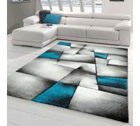 Alfombra de diseño, alfombra moderna para sala de estar, alfombra de pelo corto, alfombra con corte contorneado, estampado de cuadros, en tonos turquesa, gris, blanco y . Tamaño: 160 x 230 cm