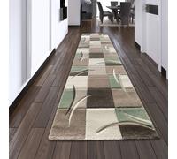 Alfombra de diseño, alfombra moderna para sala de estar, alfombra de pelo corto, con corte contorneado, estampado de cuadros, colores pastel, verde, crema, beige, gris oscuro. Tamaño: 80 x 300 cm