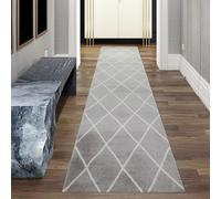 Alfombra de estilo escandinavo para sala de estar, con diseño de diamantes, fácil de limpiar, en tonos gris, crema y blanco. Tamaño: 80 x 300 cm