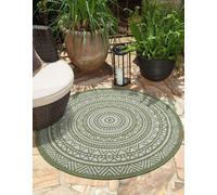 Alfombra de exterior redonda Unyqoos® Mistra – Polipropileno, resistente a la intemperie y duradera, color verde con motivo étnico, diámetro 120 cm