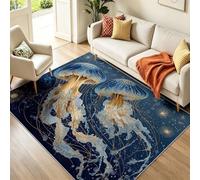 Alfombra de fantasía de animales marinos, 60 x 120 cm, pelo corto, lavable, antideslizante, moderno y luminoso patrón de medusas, suave alfombra de pelo plano para dormitorio, azul y dorado