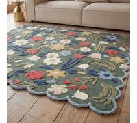 Alfombra de lana verde con flores y borde festoneado, 160x230 cm