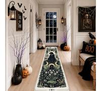 Alfombra de pasillo para gatos, follaje festivo de lunas crecientes, Halloween, color negro, antideslizante, rectangular, ribete de borde, para cocina, lavandería, puerta, entrada, decoración de 2 x 8