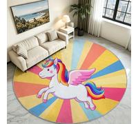 Alfombra de pelo corto, redonda, 120 cm, lavable, diseño de dibujos animados, para sofá, mesa de café, arcoíris, unicornio, decorativa, salón, dormitorio, parte inferior antideslizante, parte inferior