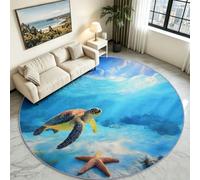 Alfombra de pelo corto, redonda, 200 cm, lavable, mundo submarino, sofá, mesa de café, tortuga marina, estrella de mar, decorativa, salón, dormitorio, alfombra antideslizante, parte inferior para