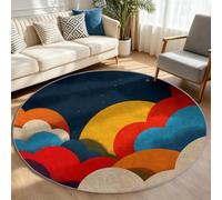 Alfombra de pelo corto, redonda, 90 cm, lavable, retro, geométrica, para sofá, mesa de café, arcos superpuestos, geométrica, decorativa, para salón, dormitorio, parte inferior antideslizante, para