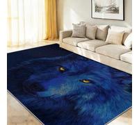 Alfombra de salón antideslizante, 140 x 200 cm, color azul y amarillo, lavable, alfombra para dormitorio, lobo azul luminoso y cielo estrellado, de pelo corto, alfombra para cama, para sala de juegos