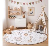 Alfombra de Salón de Pelo Corto, 200cm Alfombra de Área Redonda Jirafa, Elefante Tapetes Fauna Silvestre De Las Praderas Antideslizantes para Sofá, Mesa de Café, Habitación Infantil, Amarillo Cremoso