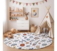 Alfombra de Salón de Pelo Corto, 90cm Alfombra de Área Redonda Platillo Cohete Astronauta Tapetes Espacio Dibujos Animados Estadounidenses Antideslizantes para Sofá, Habitación Infantil, Azul Grisáceo