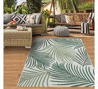 Alfombra de sisal con aspecto natural, apta para interiores y exteriores. Ideal para balcón, cocina, salón o terraza. Decoración: hojas de palmera en verde sobre fondo color arena. Dimensiones: 200 x