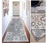 Alfombra de Vinilo con diseño Floral Vintage en Gris Envejecido y Blanco para Cocina, lavaderos, Pasillo, Aseo, dormitorios con revés PVC Antideslizante, 60x200cm.