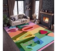 Alfombra dibujada a mano, diseño de arco iris, para salón, 80 x 150 cm, para dormitorio, diseño de letras de madera, con texto en inglés "Love", antideslizante, multicolor, para comedor, oficina