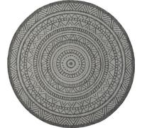 Alfombra exterior Unyqoos® Mistra – Alfombra redonda, diámetro 160 cm, polipropileno, resistente y apta para condiciones húmedas, color gris antracita con motivo étnico, ideal para balcones y terrazas