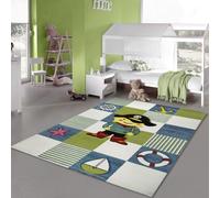Alfombra infantil, alfombra de juego, alfombra para habitación de niños, diseño de pirata en tonos turquesa, verde y crema. Tamaño: 120 x 170 cm