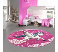 Alfombra infantil, alfombra de juego para habitación de niños, diseño de unicornio con corte en contorno, colores rosa, crema y turquesa. Tamaño: 120 cm (redonda)