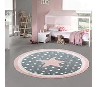 Alfombra infantil, alfombra de juegos, alfombra para bebés, redonda, con estrellas, en rosa, gris y blanco. Tamaño: 80 cm de diámetro